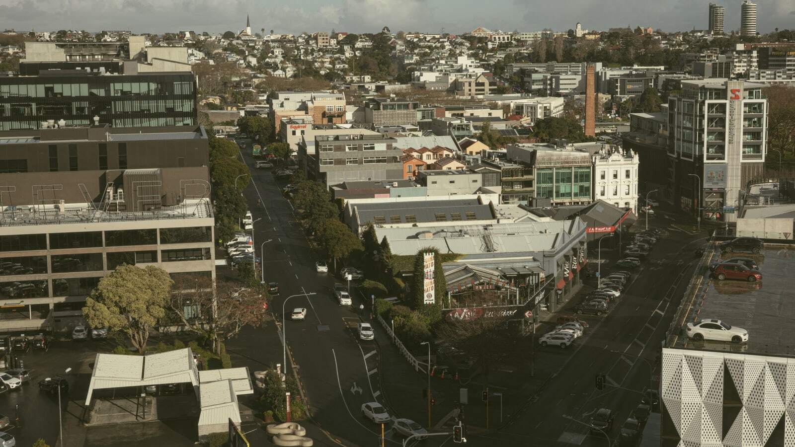 Aerial view of central Auckland streets and buildings